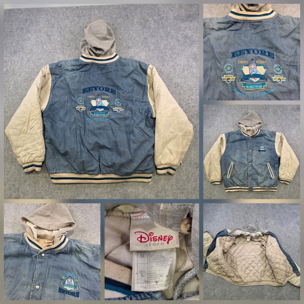 Vintage Disney Store Jacket Mens Large Blue Denim Eeyore Hooded Varsity DISTRESS - Picture 1 of 16